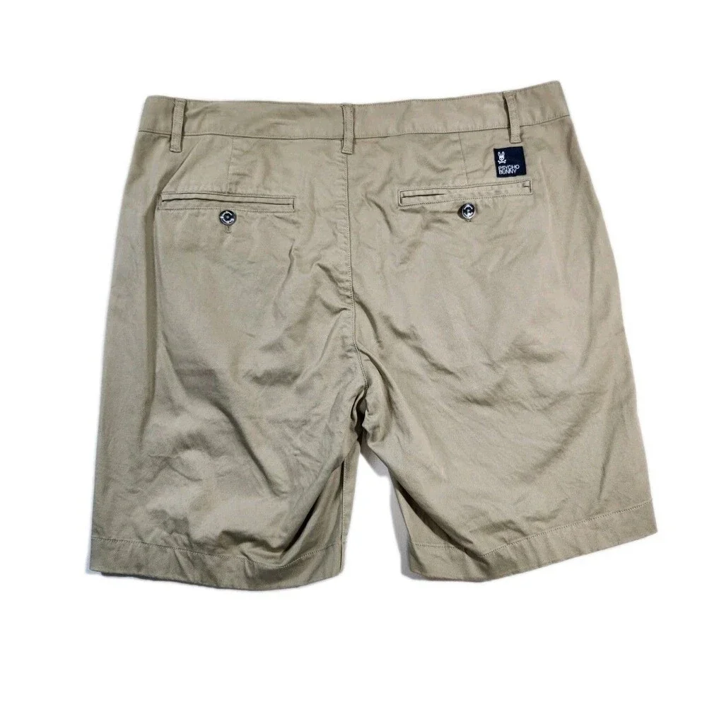 Psycho Bunny Khaki Chino Shorts Mens 33 Cotton Blend Flat Front Logo PreppyPunk - Picture 10 of 10